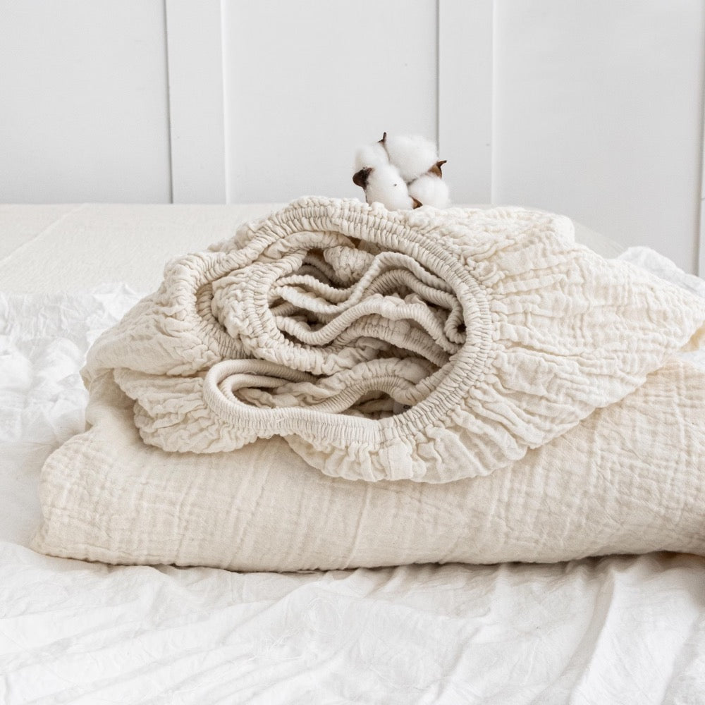 Washed Muslin Fitted Sheet, Organic Muslin Fitted Bed Sheet, GOTS Certified Cotton Bedding, Breathable Cotton Sheet